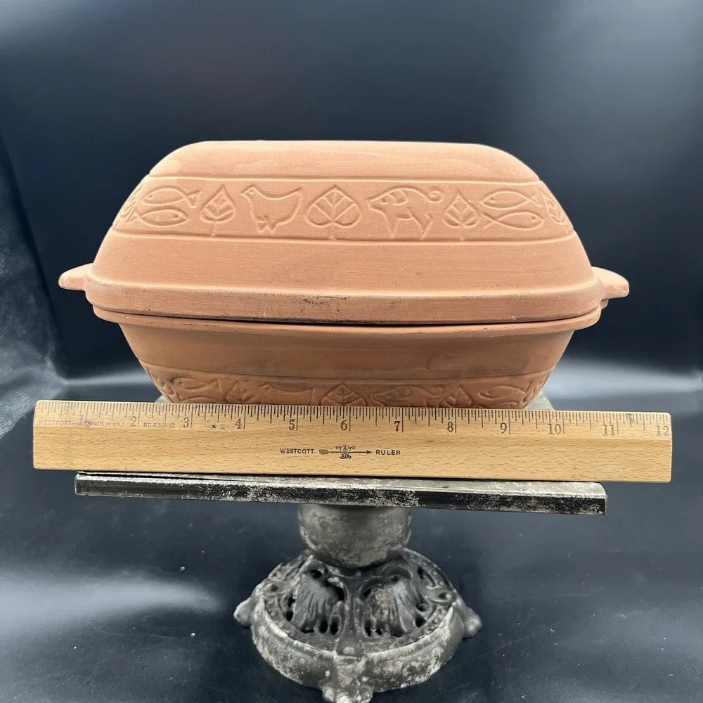 Vintage Romertopf 110 Clay Baker Roaster Terra Cotta Reco Fish Chicken Motif 12
